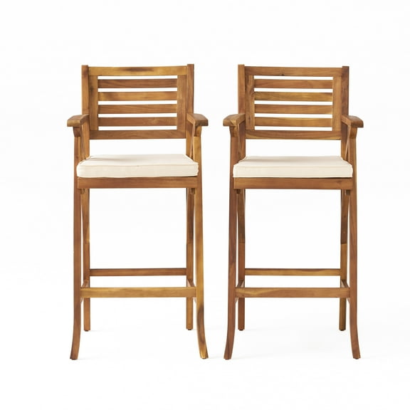 GDF Studio Baia Outdoor Acacia Wood 29 Inch Barstools with Cushion, Set of 2, Teak and Cream