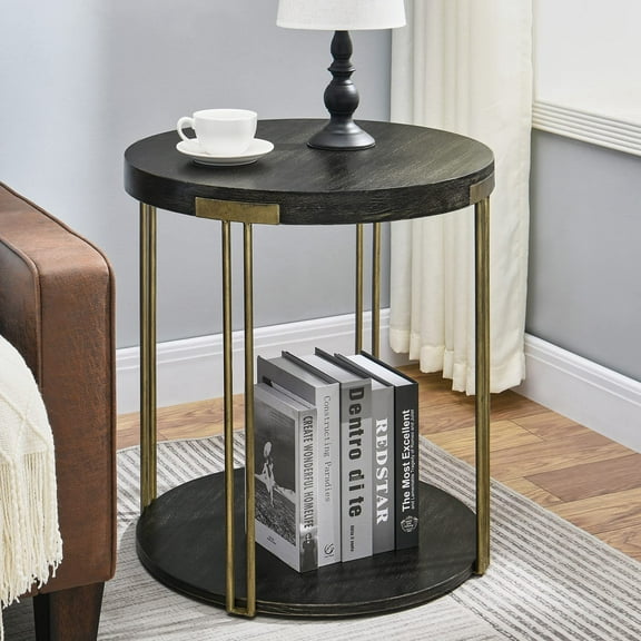 JESONVID Round Industrial End Table, 2-Tier 22" Metal Frame Round Accent Side Table with Storage Shelf Solid Wood Circle Tabletop Bedside Table for Home Living Room Bedroom, Vintage Black 22216YCJZ