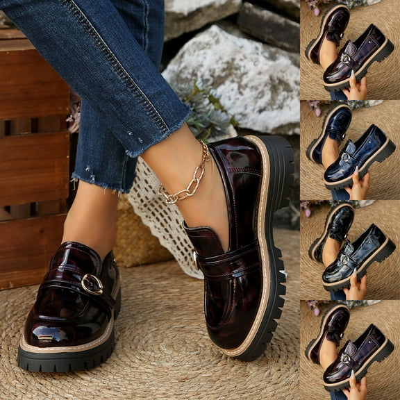 HaiMao Women's Chunky Platform Loafers with Buckle Leather Penny Loafers Fashion office Shoes School Dress Shoes Comfort Slip-on Wine 9.5(43)