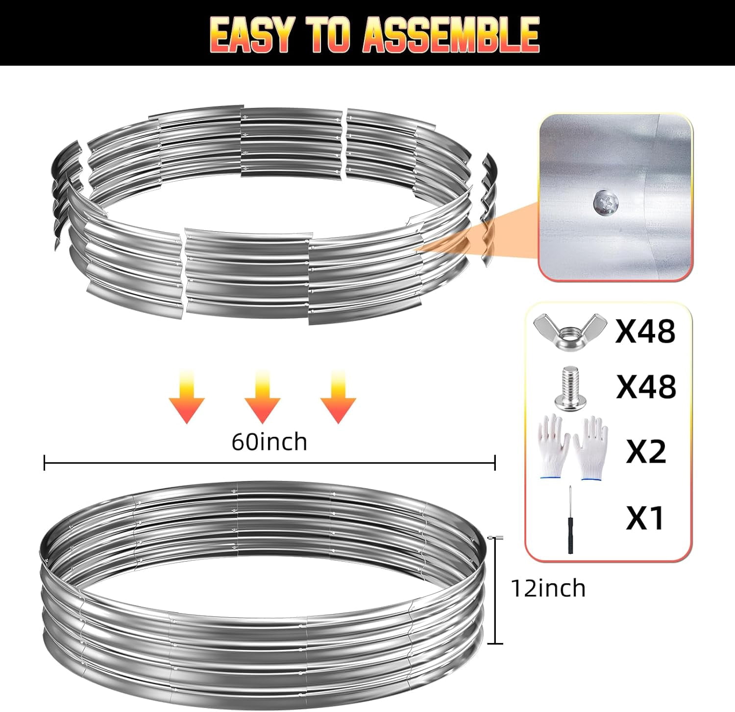 60-Inch 5-Foot Galvanized Steel Fire Pit Ring, 12-Inch Raised Heavy Duty with Spark Guard