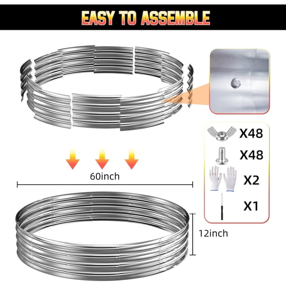 60" 5FT Fire Pit Ring, Galvanized Steel with Spark Guard — Heavy-Duty Wood Burning Outdoor Fireplace for Backyard, Patio & Camping, Heat-Resistant Design