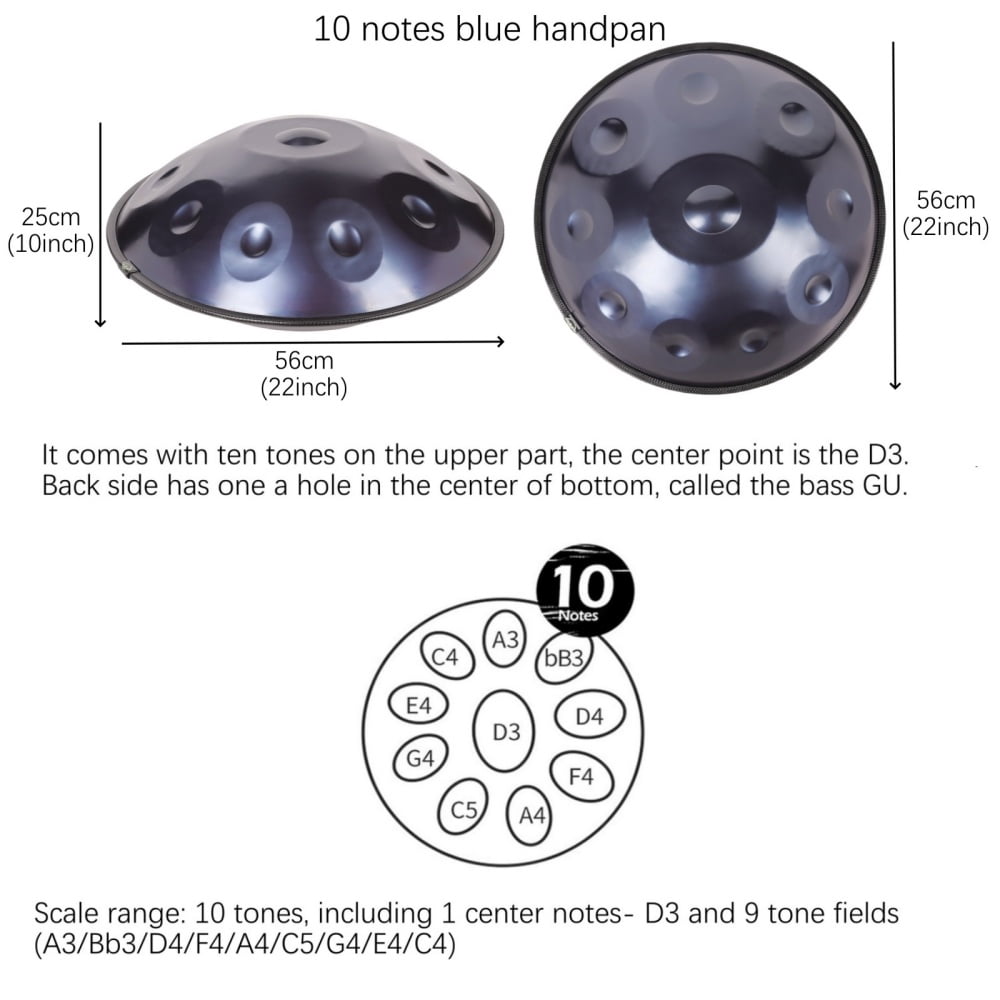 Latourreg 440Hz Tambourine drum in 22inch D Minor 10Notes Steel Tongue Blue Hand Pan Drum Instrument with Soft Hand Pan Bag, hand pan Mallet,Hand pan Stand,Dust-free