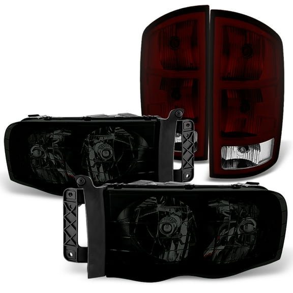 AKKON - For Pickup 2002-2005 Ram 1500 | 03-05 2500/3500 Black Smoked Headlights Red Smoke Tail lights Pair Combo