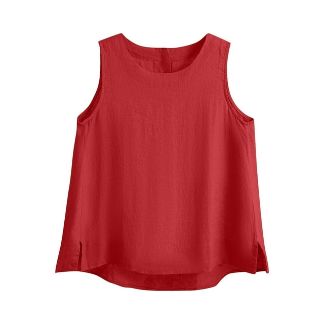 Liquidation de Hauts pour Femmes Grande Taille, Blouse d'Été à Manches Courtes pour Femmes, Débardeur à la Mode pour Femmes en Couleur Unie Imitation Coton et Lin avec Fente à l'Ourlet, Col Rond, Boutons