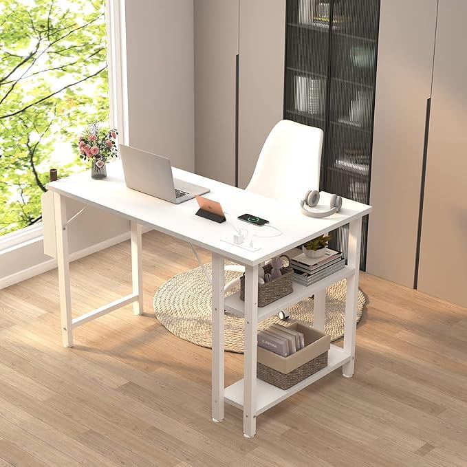 Lufeiya White L Shaped Computer Desk with Power Outlet Shelves, 40 Inch Small Corner Desk for Small Space Home Office, L-Shaped Desk PC Desks, White