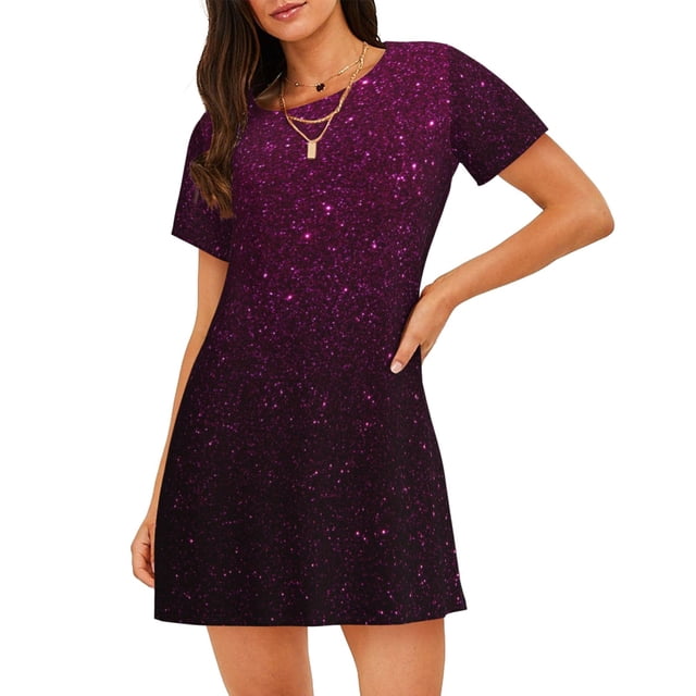 Fotbe Dark Purple Glitter Bata de Dormir para Mujer con Estampado, Camisón de Algodón de Manga Corta, Ropa de Dormir Casual
