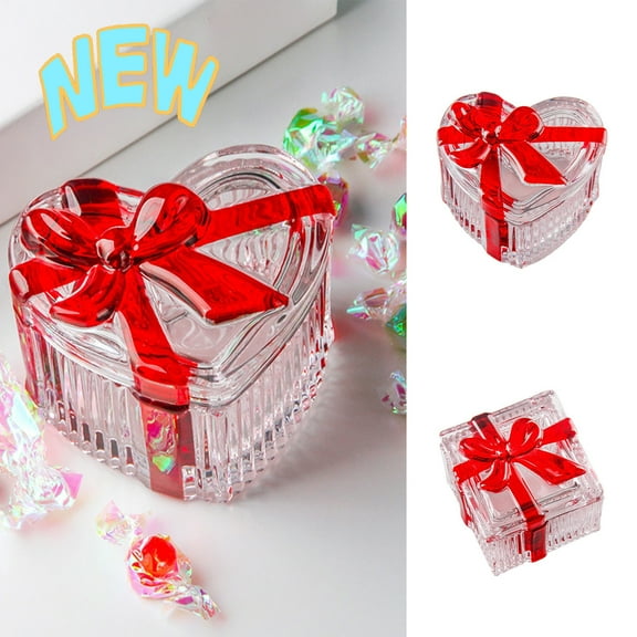 KOYPTL Christmas Candy Jar Glass Candy Dish with Lid Heart Shape Glass Containers for Christmas Party, Valentines Home Decoration Red