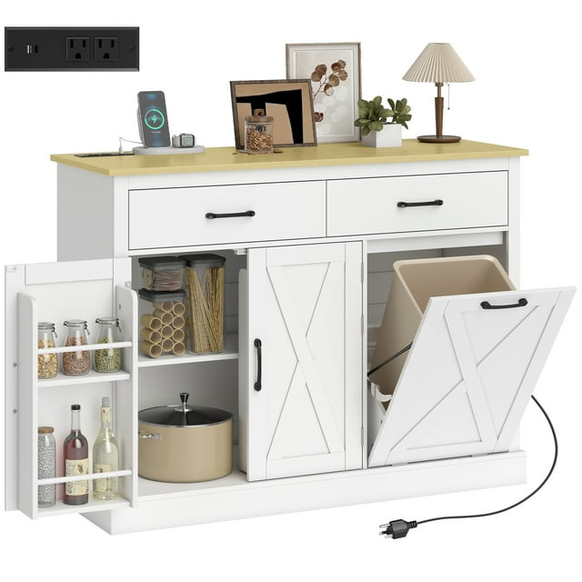 HOMCOM Tilt Out Trash Cabinet with Charging Station, Kitchen Island, White