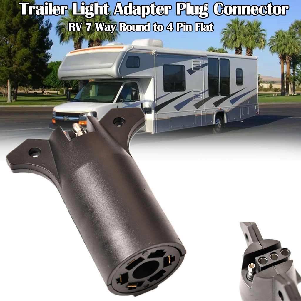 RV 7 Way Round to 4 Pin Flat Trailer Light Adapter Plug Connector Boat