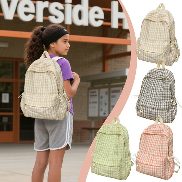 Plaid Backpack for Women Japanese-Inspired Lightweight Nylon Travel Bag Summer Fashion Versatile Large Capacity with Main Compartment Side Pockets Reinforced Stitching Stylish Everyday Use