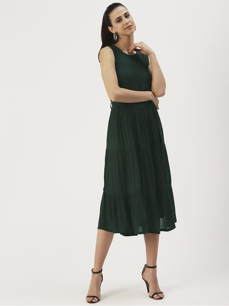 Dressberry Womens Solid Rayon Crepe Round Neck Sleeveless Dress Tiered Calf Length with Adjustable Front Drawstrings Regular Wear Light Weighted