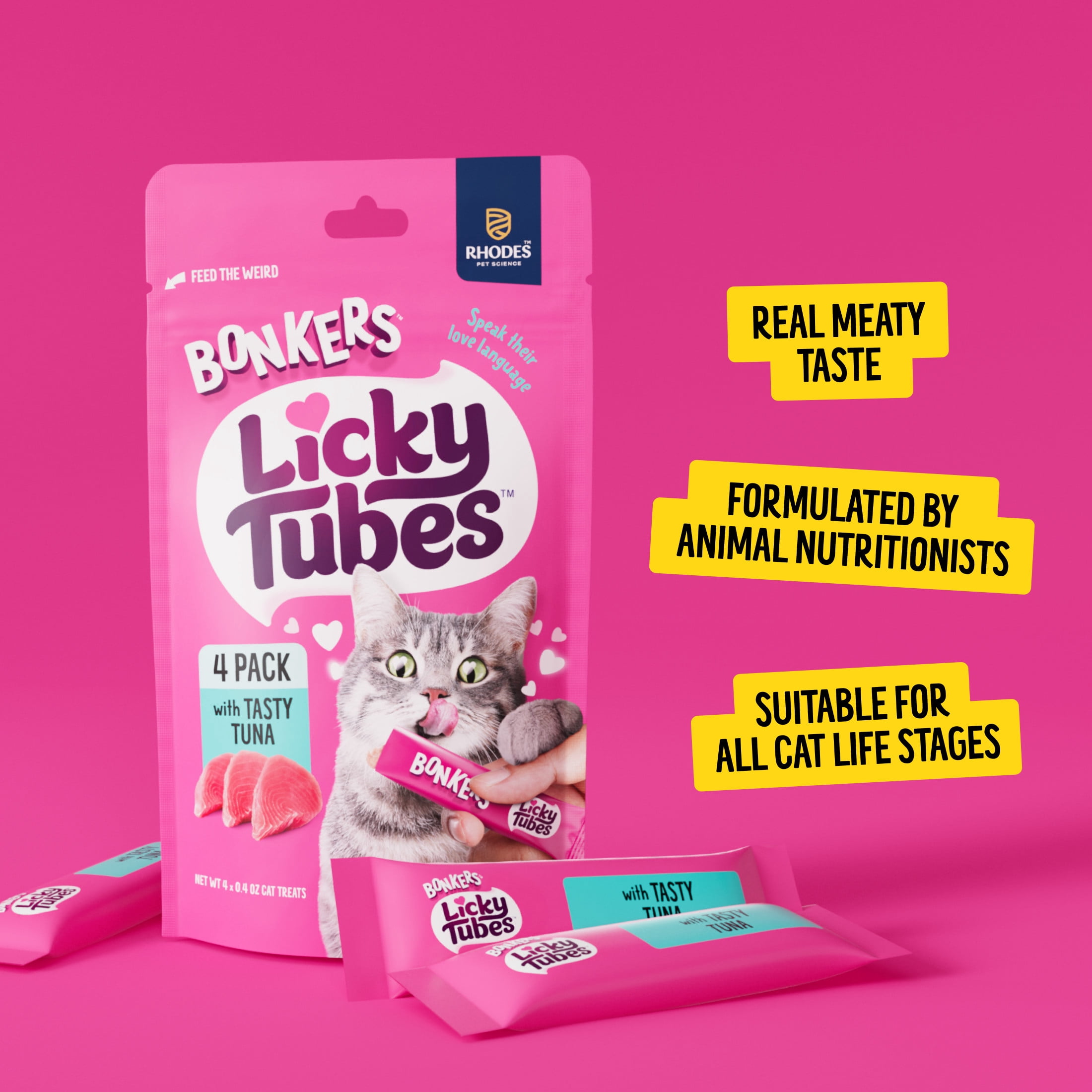 (12 pack) BONKERS Licky Tubes Tuna Flavored Wet Lickable Treats for Cats, 4 Pack