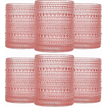 Pink Vintage Hobnail Drinking Glasses Set of 6, Embossed Water Tumbler 12oz, Kitchen & Bar Beaded Glass Cups, Beverage Glass Cups for Water, Beer, Juice, Cocktail Glassware, Pink