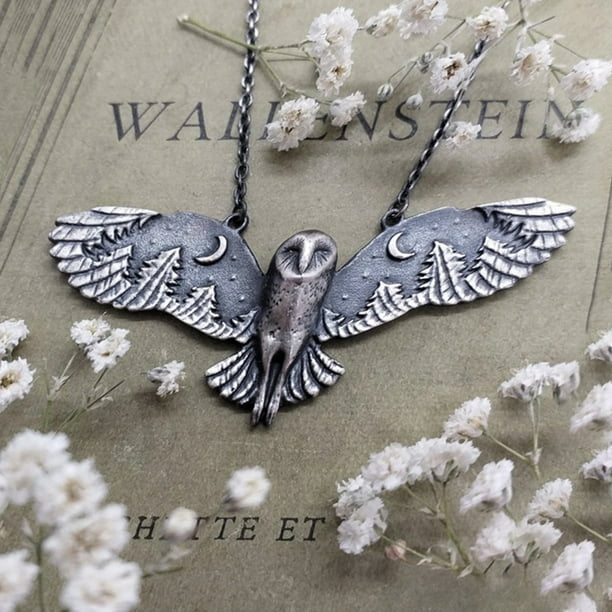 Silver Owl Moon Forest Necklace Retro Forest Owl Necklace Moon
