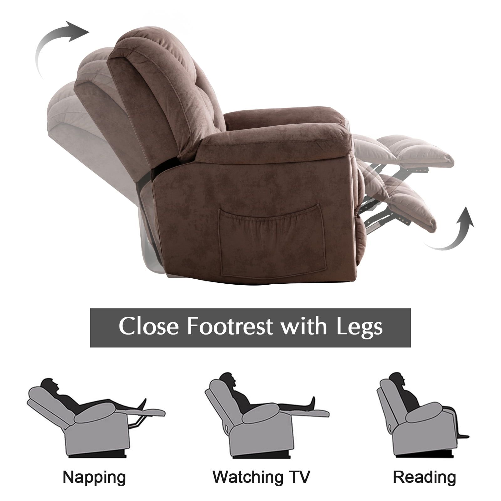 Bonzy Home Manual Swivel Rocker Recliner Chair, Fabric Upholstered Reclining Sofa Chair for Living Room, Brown