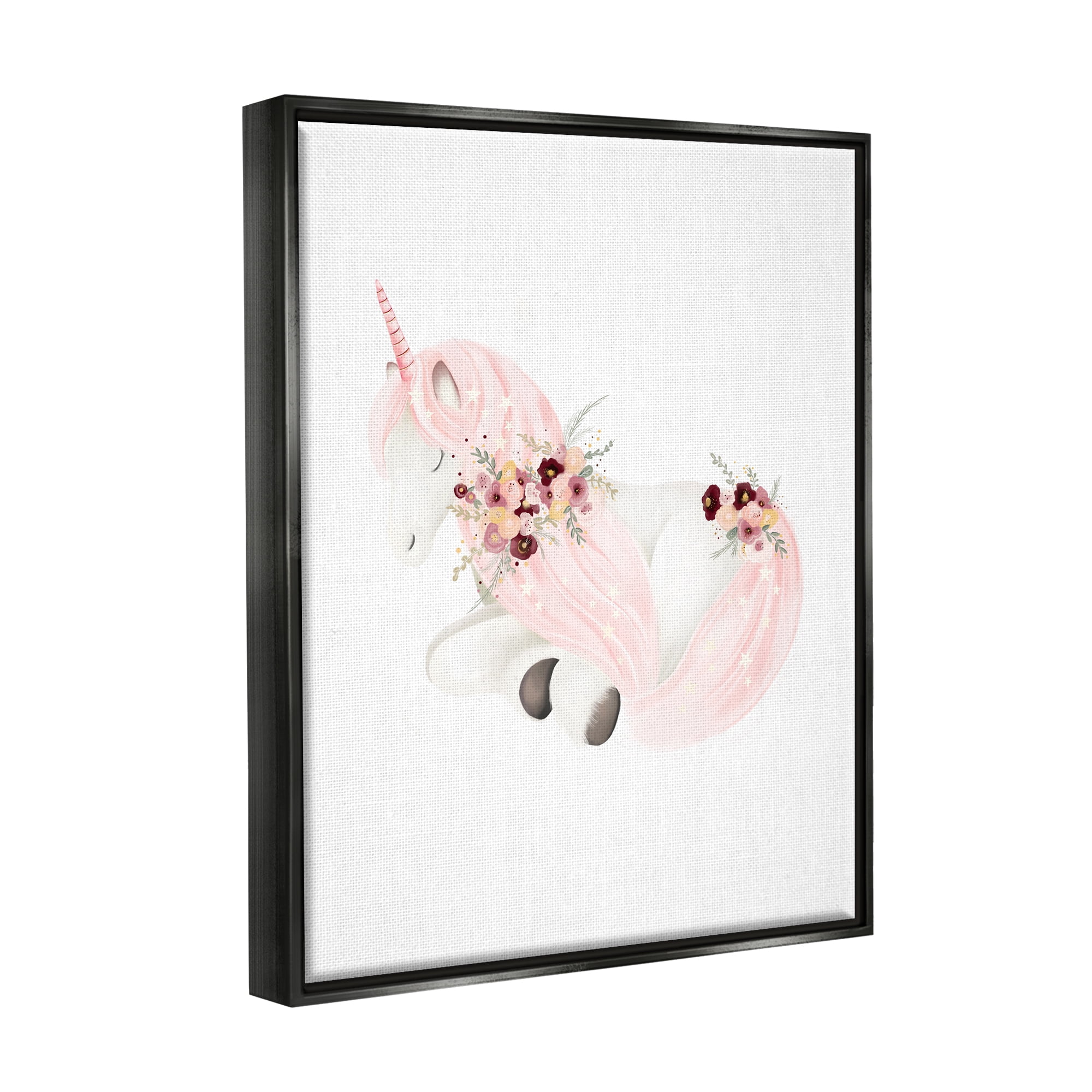 Stupell Industries Unicorn with Pink Flowers Fairy Tales & Fantasy Painting Black Floater Framed Canvas Art Print Wall Art, 25 x 31