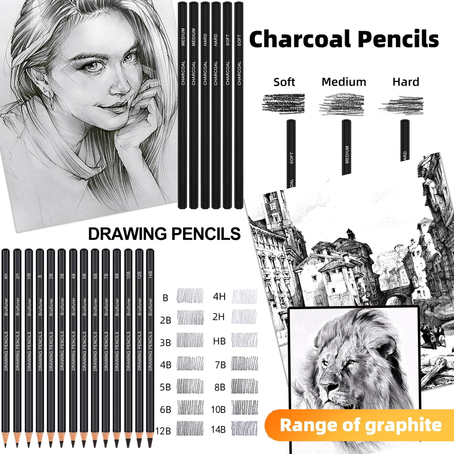 60 PCS Drawing Kit Sketching Pencil Set,Sketch Pencils Art Supplies with 3-Color Sketchbook,Graphite,Charcoal,Blending Tools,Drawing Pencils for Adults Artists