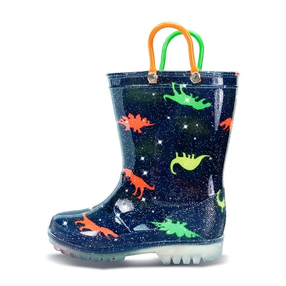 HSYAAMOO Toddler Rain Boots with Easy-On Handles – Waterproof Lightweight Non-Slip PVC Rain Shoes for Boys & Girls, Fun Navy Dinosaur Design with Red & Green Handles