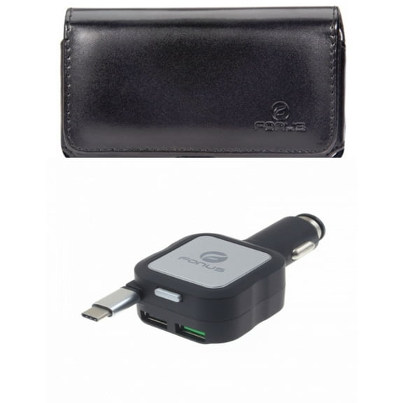 Car Charger & Case Belt Clip for iPhone 15 Pro - Retractable 4.8Amp Type-C 2-Port USB and Leather Swivel Holster Loops V2O for iPhone 15 Pro (6.1")