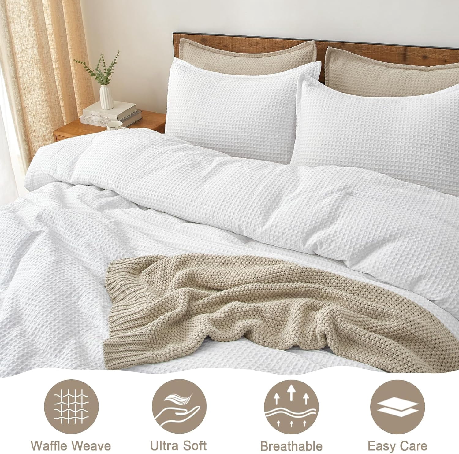 PHF 3-Piece Waffle Weave Comforter Set Queen Size, Lightweight Comfy Bedding Set for All Season, Ultra Soft Textured 1 Comforter with 2 Pillow Shams, White