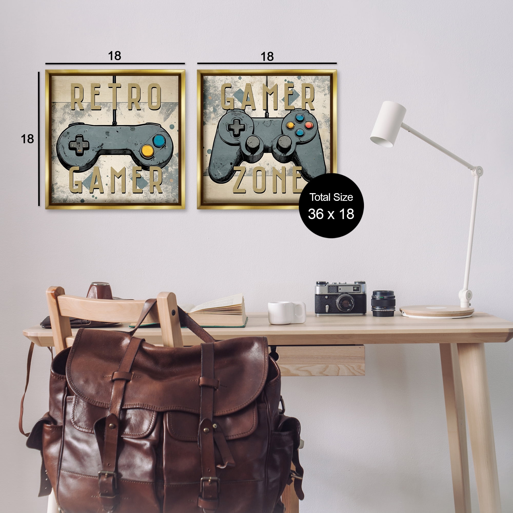 Stupell Industries Retro Gamer Controllers Entertainment Painting Gold Floater Framed Canvas Art Print Wall Art, 18 x 18, Set of 2