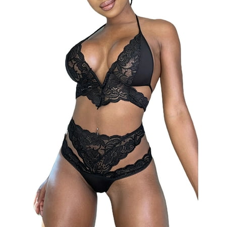 

Yuemengxuan Women Lingerie Set Lace Crochet Sheer V-Neck Bra + High Waist Hollow-Out Panty