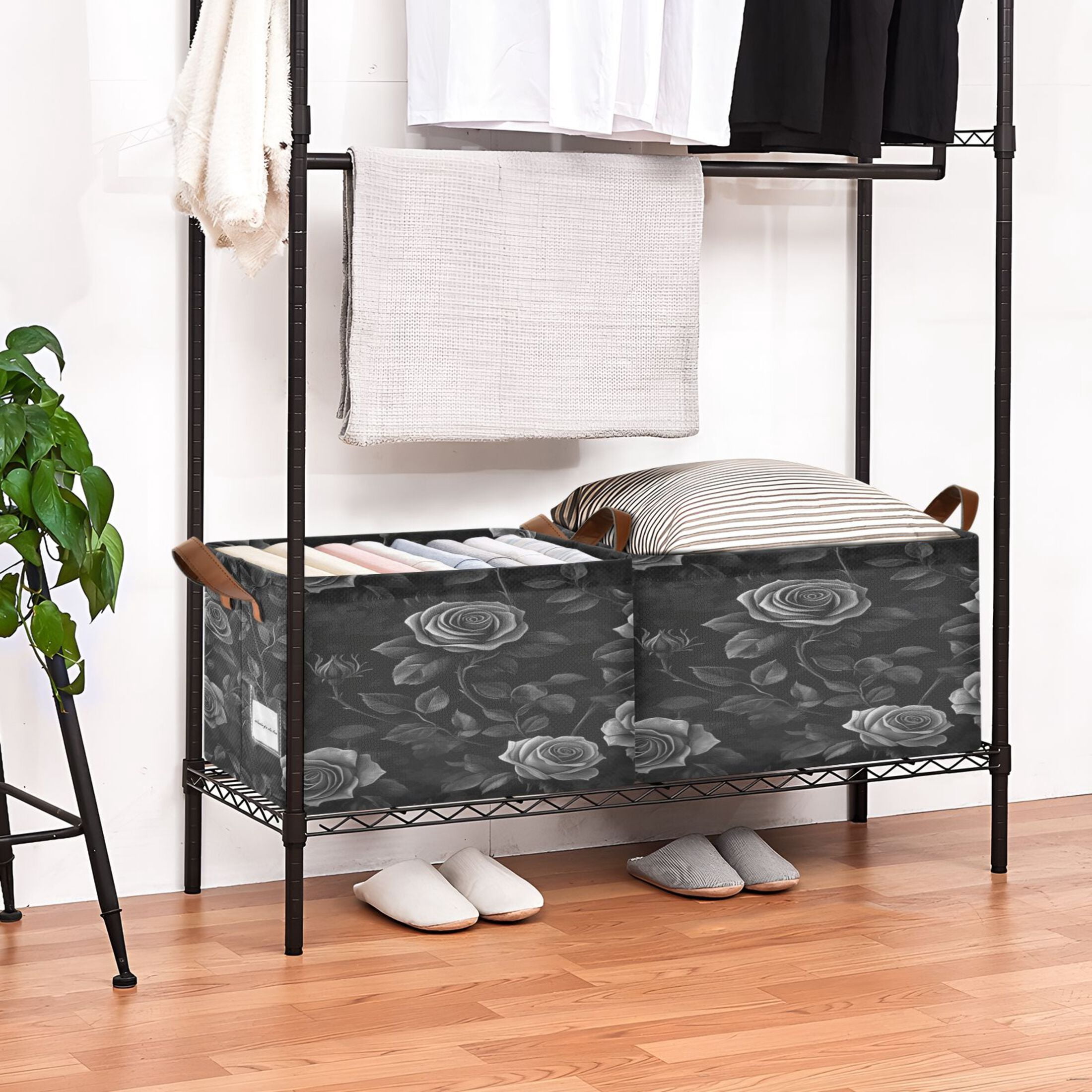 Black Rose Storage Basket Soccer Plaid Fabric Hoard Box Oversized Collapsible Closet Organizer with Metal Iron Frame 16.9×11.4×10in