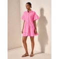 thumbnail image 5 of Pink Solid Front Button Ruffle Hem Short Sleeve Shirt Dress For Women, 5 of 8