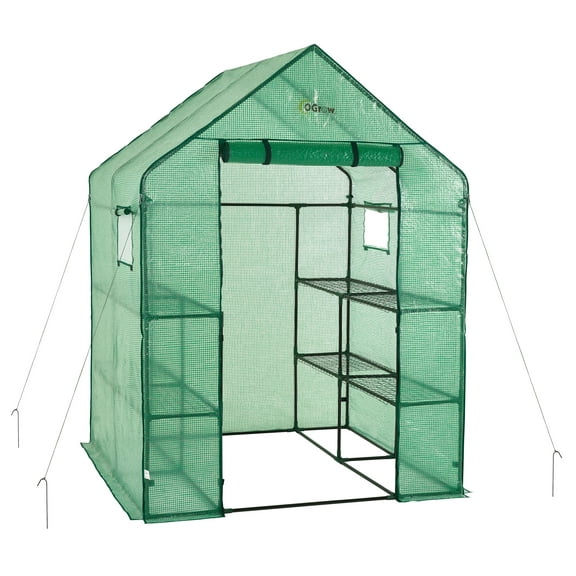 Machrus Ogrow Deluxe Walk-In Greenhouse for Outdoors with 2 Tiers & 8 Shelves – Durable Indoor Greenhouse with Green Cover for Mini Greenhouses and Garden Use