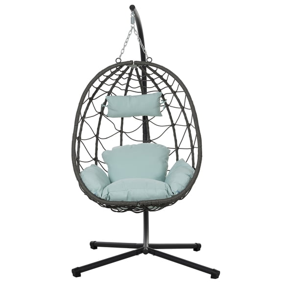 JERFIT Modern Gray Egg Hanging Chair with Stand, PE Wicker Patio Swing Chair for Indoor Outdoor Use, Foldable Steel Frame Basket Chair for Garden, Balcony, Living Room