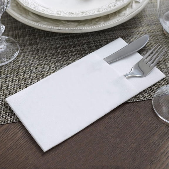PAMINGONO 50Pcs Disposable Dinner Napkins with Flatware Pocket White Paper Napkins for Weddings