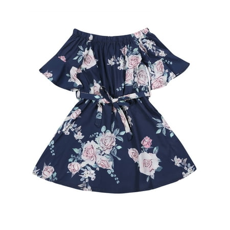 

Nokpsedcb Family Matching Dress Floral Print Off Shoulder Flare Round Neck Midi Dress Navy Blue Kids L(3-4 Years)