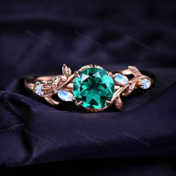Unique Emerald Wedding Ring Marquise Moonstone Cluster Promise Ring Nature Inspired Leaf And Vine Ring Personalized Jewelry Delicate Gifts