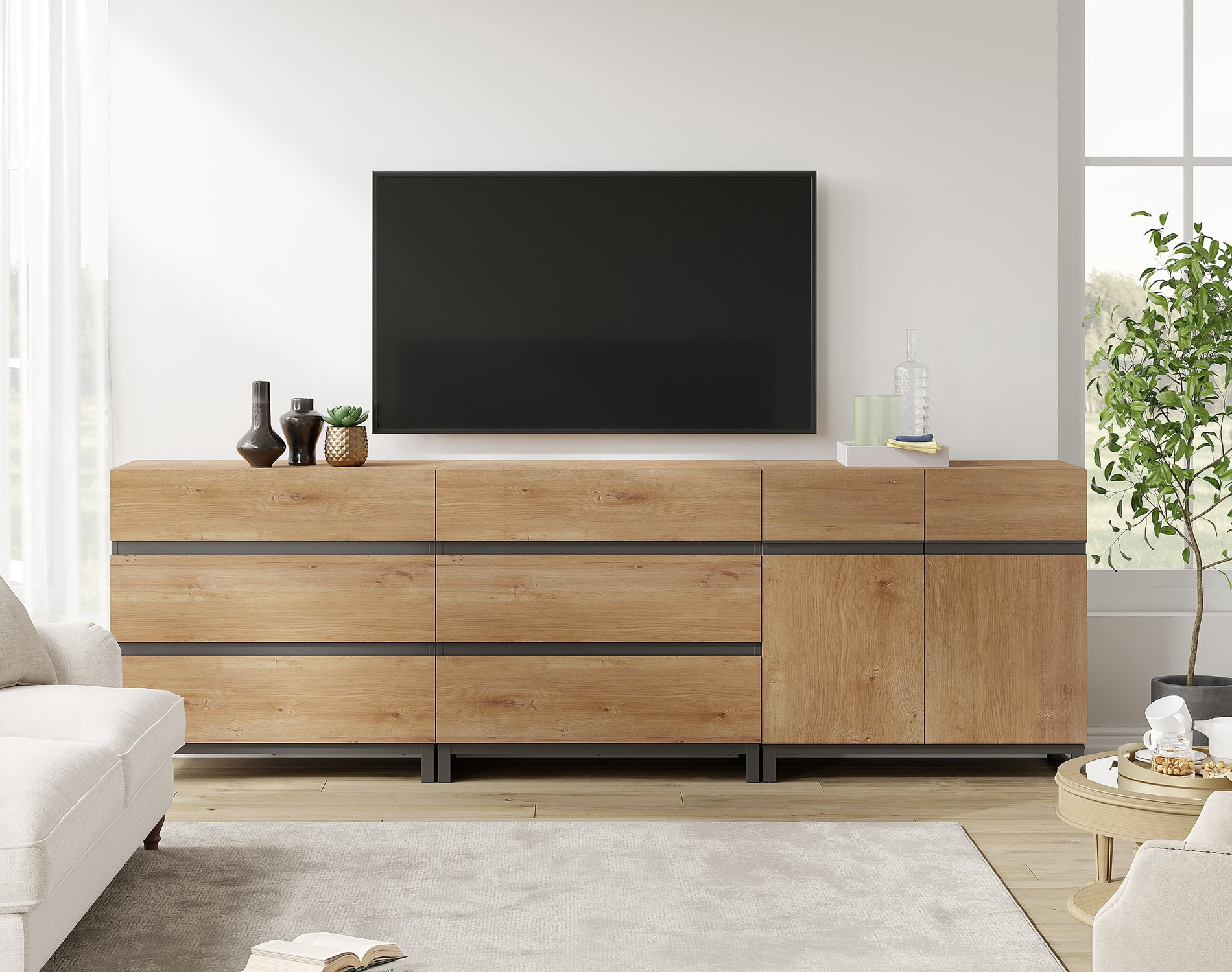 Modern TV Stand For Tvs Up To 100 Inch, 3-In-1 TV Console With Adjustable Shelves And 6 Drawers, Media Console For Living Room And Bedroom,Oak