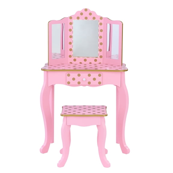 Fantasy Fields Gisele Polka Dot Vanity Set with LED Lighted Mirror and Chair, Pink/ Gold
