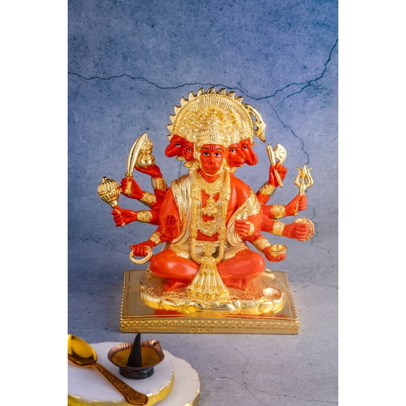 Panchmukhi Hanuman Idol in Orange & Gold - 8 Inches