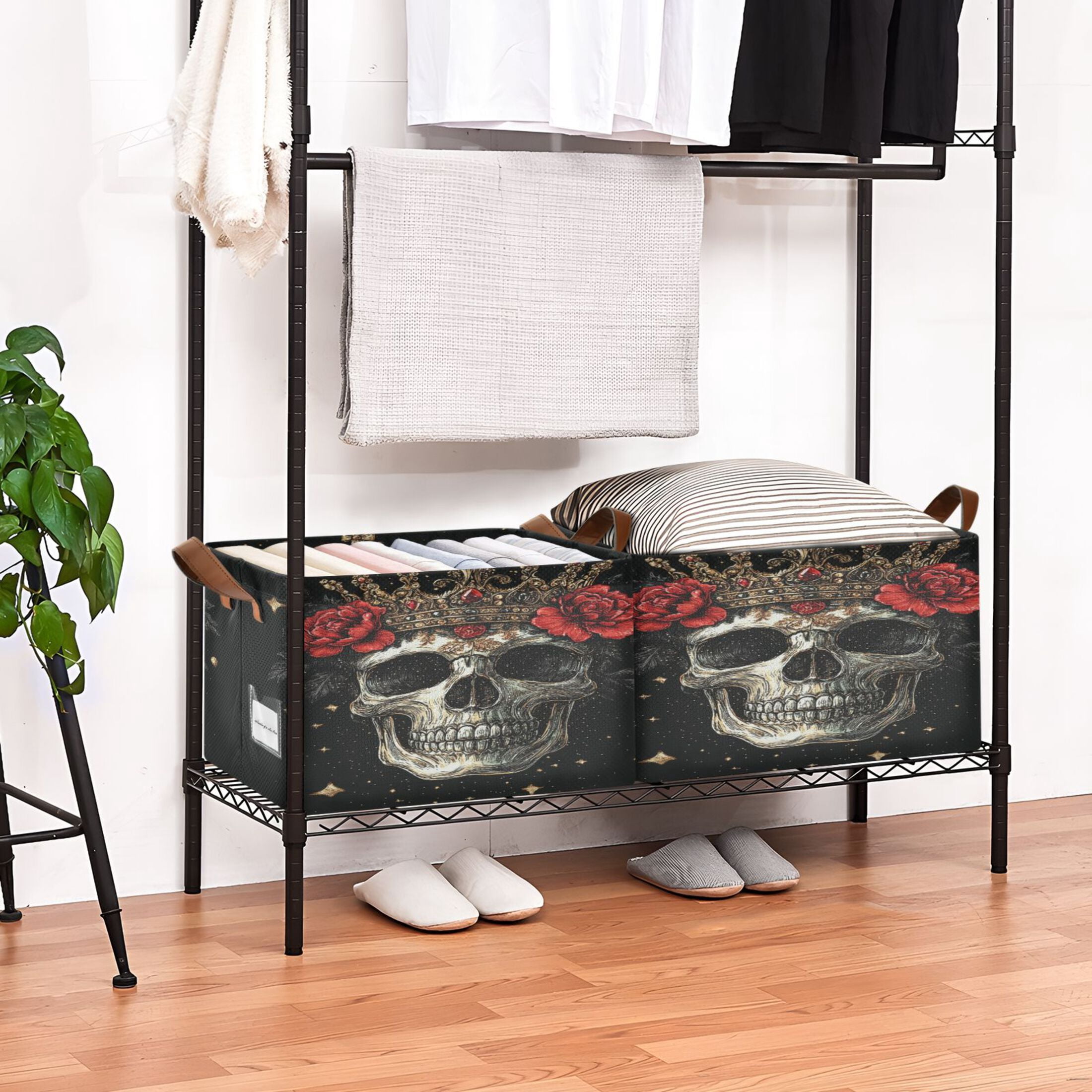WOBOGO Crown Skull Black Pattern Storage Basket 16.9×11.4×10in Collapsible Oversized with Metal Iron Frame Set of 1