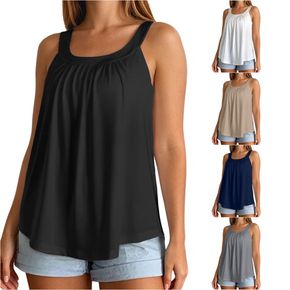 SGMVNU Sleeveless Tank Tops for Women Built in Bra Square Neck Pleated Flowy Loose Fit Summer Blouse Camisole Tanks, Black, Size M