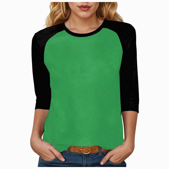 GEWSEY Womens Tops 3/4 Sleeve Shirts Round Neck Loose Casual Tshirts | Color Block Summer Tees (Green, XL)