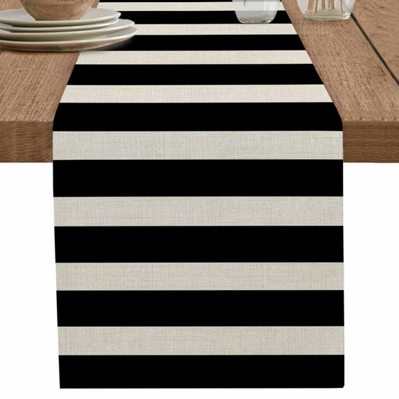 Black White Stripes on Vintage Linen Table Runner-70 Inch Long Modern Geometric Table Runners Linen Burlap Tablerunner for Kitchen Dining Room Holiday Party