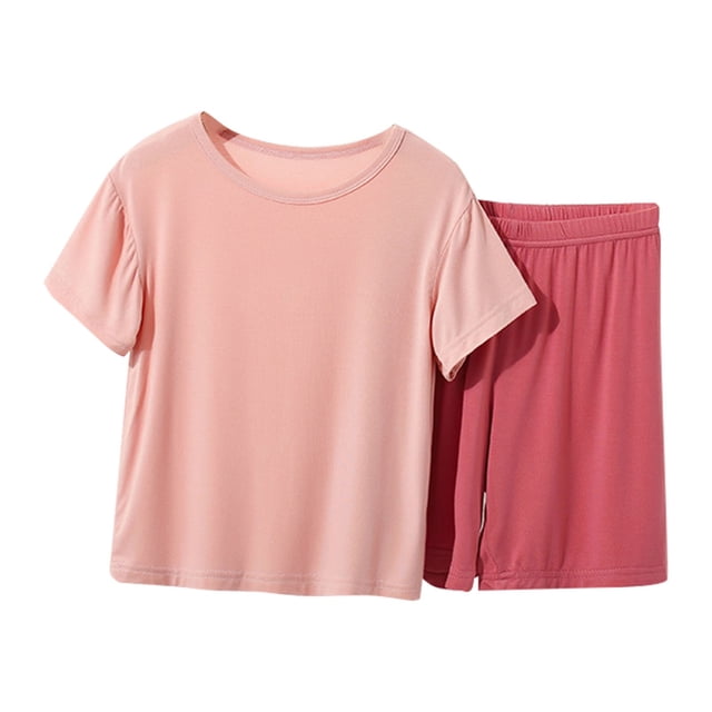 Gibobby Conjunto de sudadera para Niñas Conjunto de servicio a domicilio informal de manga corta y pantalones cortos de verano de color liso para niños(Rosa, 12-13 Años)