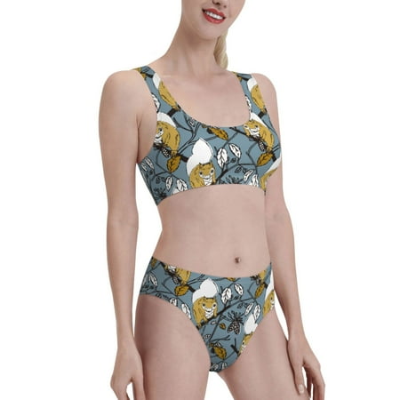Uemuo Cartoon Squirrel on Branch Printed Women s High Waisted Bikini Sets Sporty Two Piece Swimsuits Color Block Cheeky High Cut Bathing Suits-XX-Large