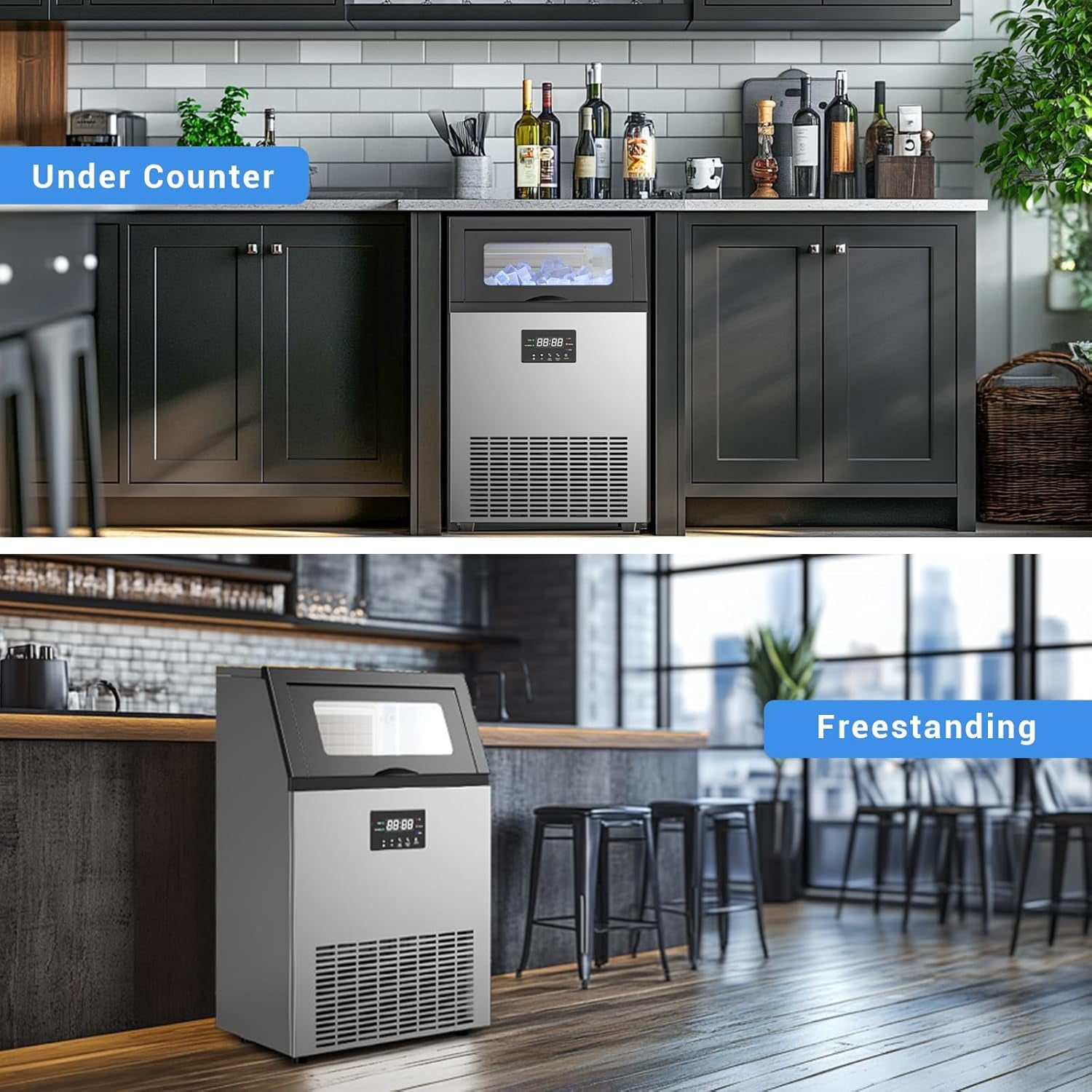 Commercial Ice Maker Machine, 150Lbs per Day Under Counter Ice Maker with 50Lbs Storage Bin, Produces Ice in 8-15 Mins, Freestanding Design for Restaurant, Bar, Home & Outdoor Use