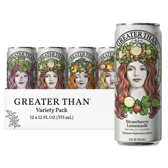 GREATER THAN Variety pack, Coconut Water Fruit Juice Fusion, with Real Electrolytes & Vitamins, 12 Pack, 12 oz Cans