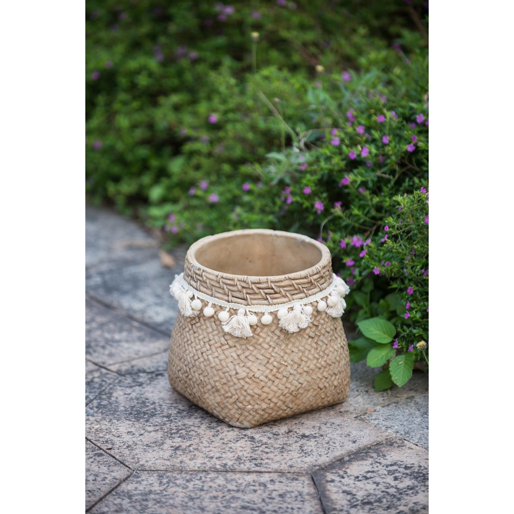 Set of 2 Brown Cement Planters – These Charming Planters Feature a Woven Tassel Accent, Perfect for Adding a Bohemian Touch to Your Home or Garden.