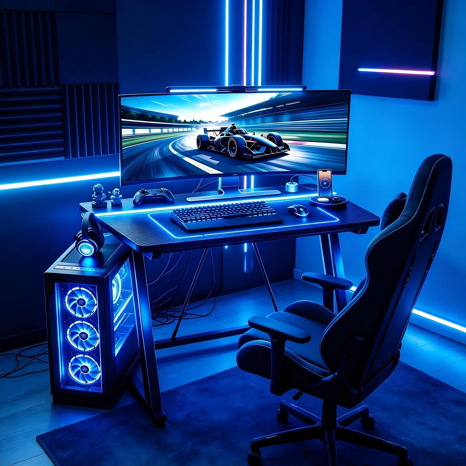 31.5" Z-Shaped Gaming Desk with Carbon Fiber Texture and Recessed LED Light, Black