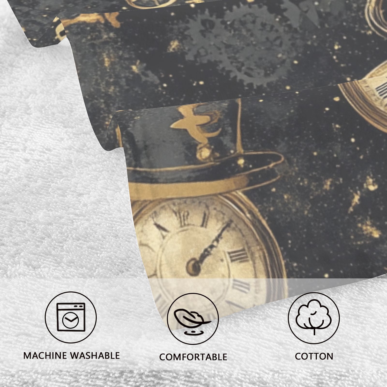Gold Clocks Machines Hats Hand Towels Cotton Bath Towels Large Face Towels Absorbent for Bathroom 2 Packs