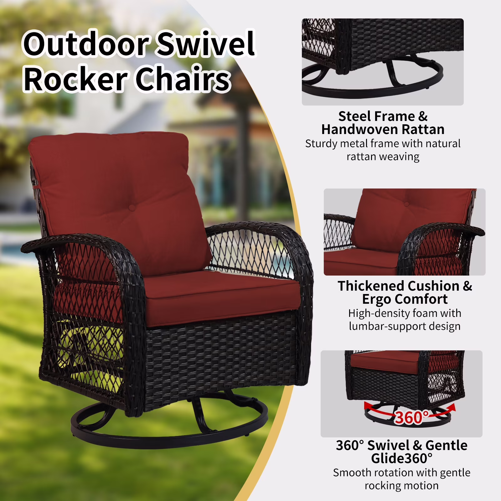 thumbnail image 6 of 3 Piece Outdoor Swivel Rocker Chairs, Swivel Glider Patio Chairs, Heavy Duty Patio Chairs 400 lbs with Side Table, Red, 6 of 12