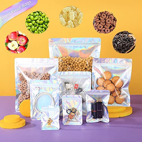  100 PCS Mylar Holographic Bags Packaging Bags, Glossy  Resealable Smell Proof Foil Pouch Bags for Food Storage and  Candy,Jewelry,Sample,Party Favor Packaging for Small Business (5.51×7.87  Inch, White) : Health & Household