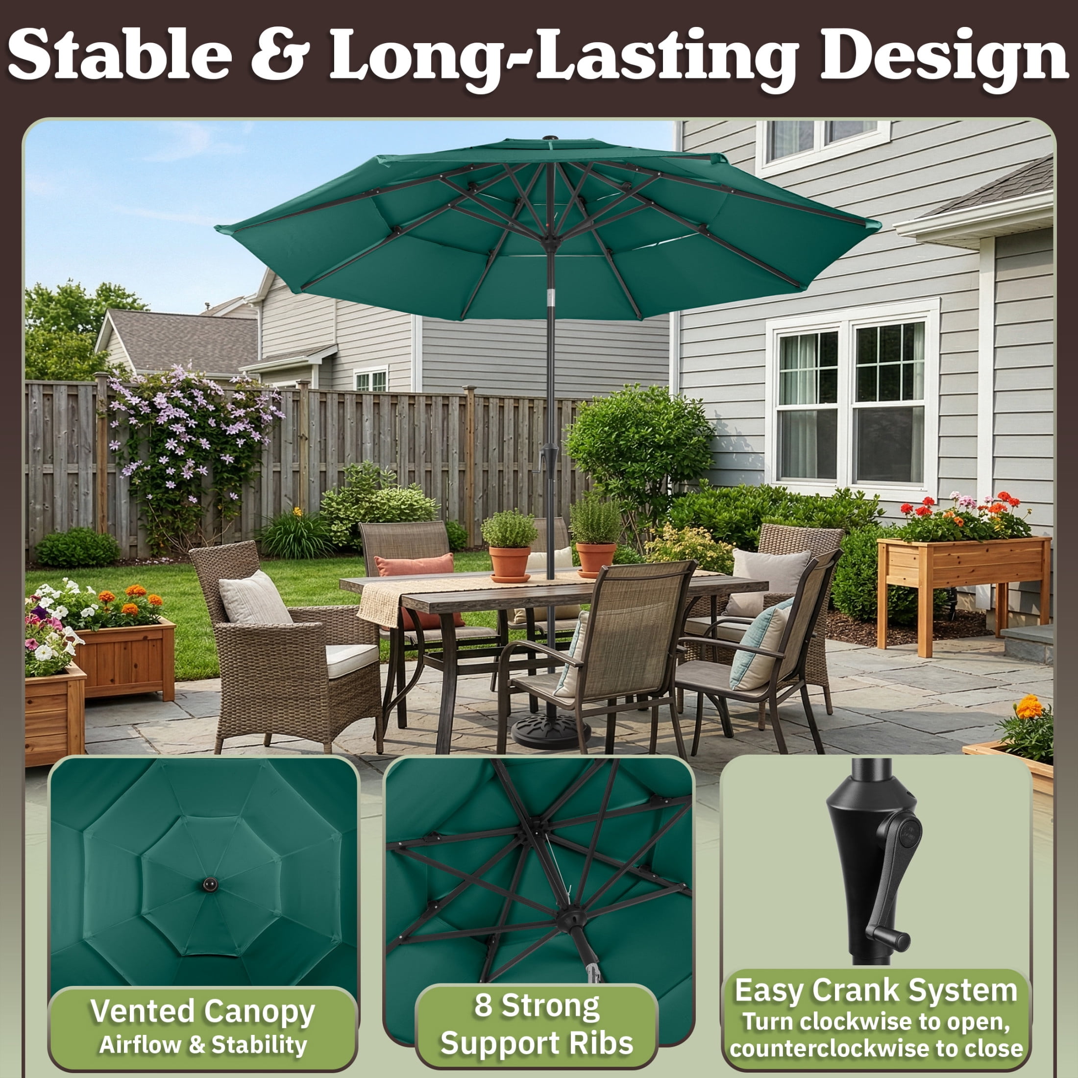 Pure Garden 10ft 3-Tier Umbrella for Patio Shade Canopy with 19lb Base, Dark Green